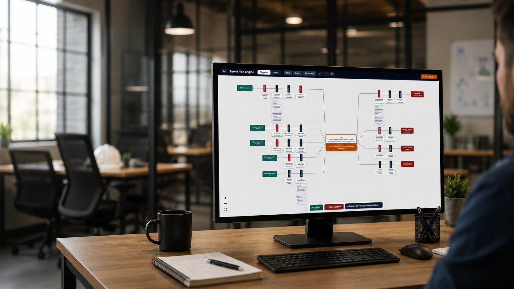 An engineer reviewing a bowtie risk diagram in the Bowtie Risk Engine editor on a desktop monitor.